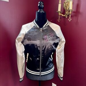 Hot Topic Satin Bomber Jacket Women Sz S Embroidered Koi Skull Design Goth Coat